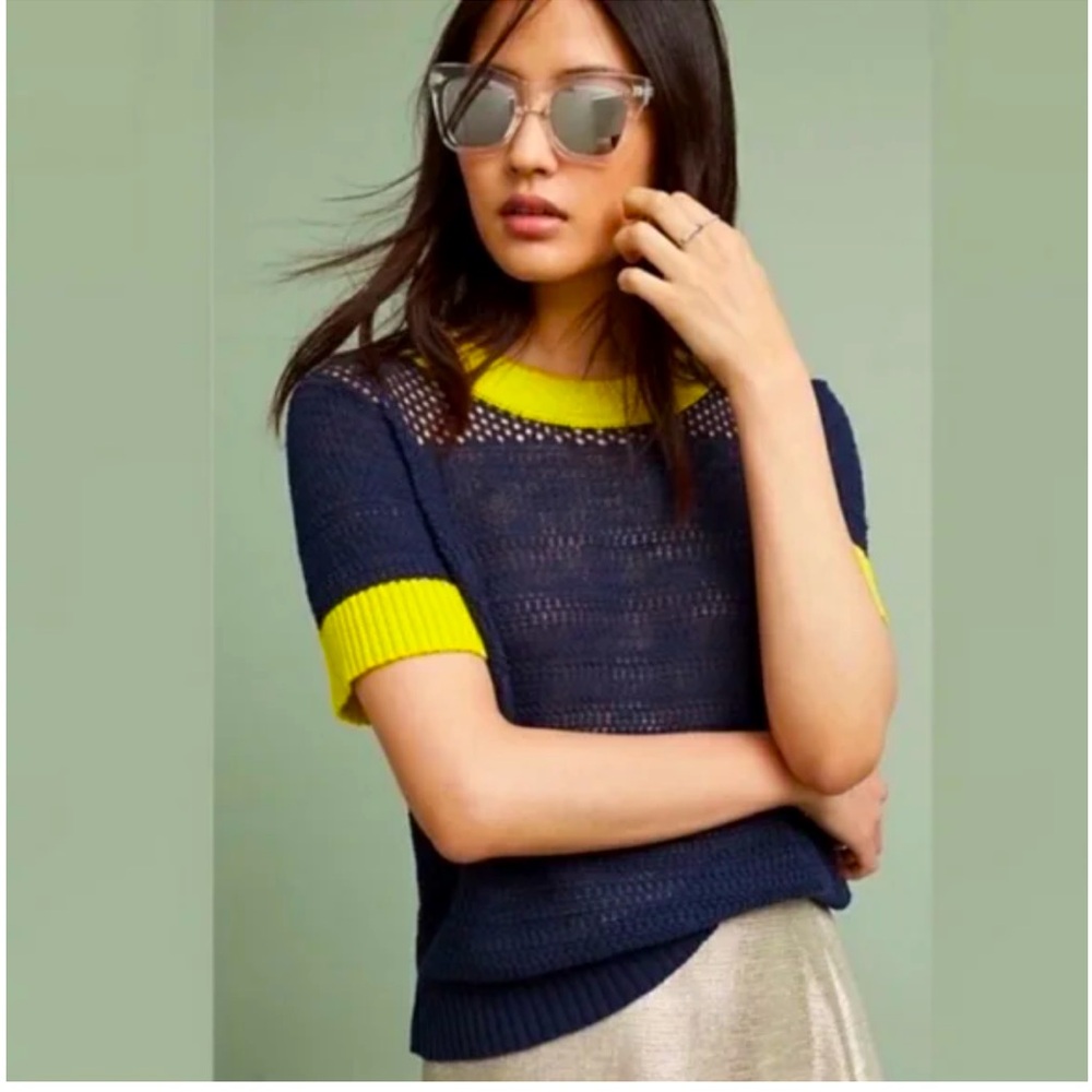 Anthropologie Navy and Yellow Knit Top